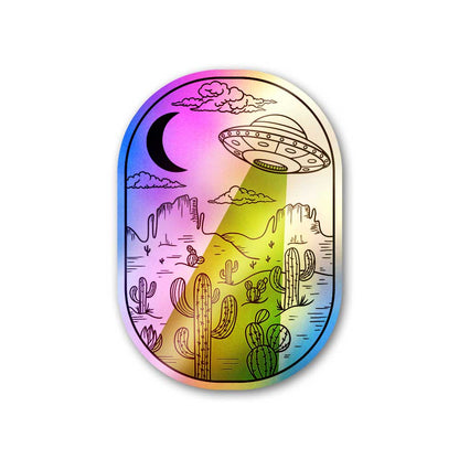 Spaceship In Desert Holographic Sticker